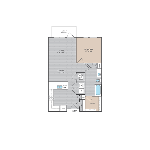 A floor plan of an apartment with a living room, bedroom, dining room, kitchen, bathroom, and entry.